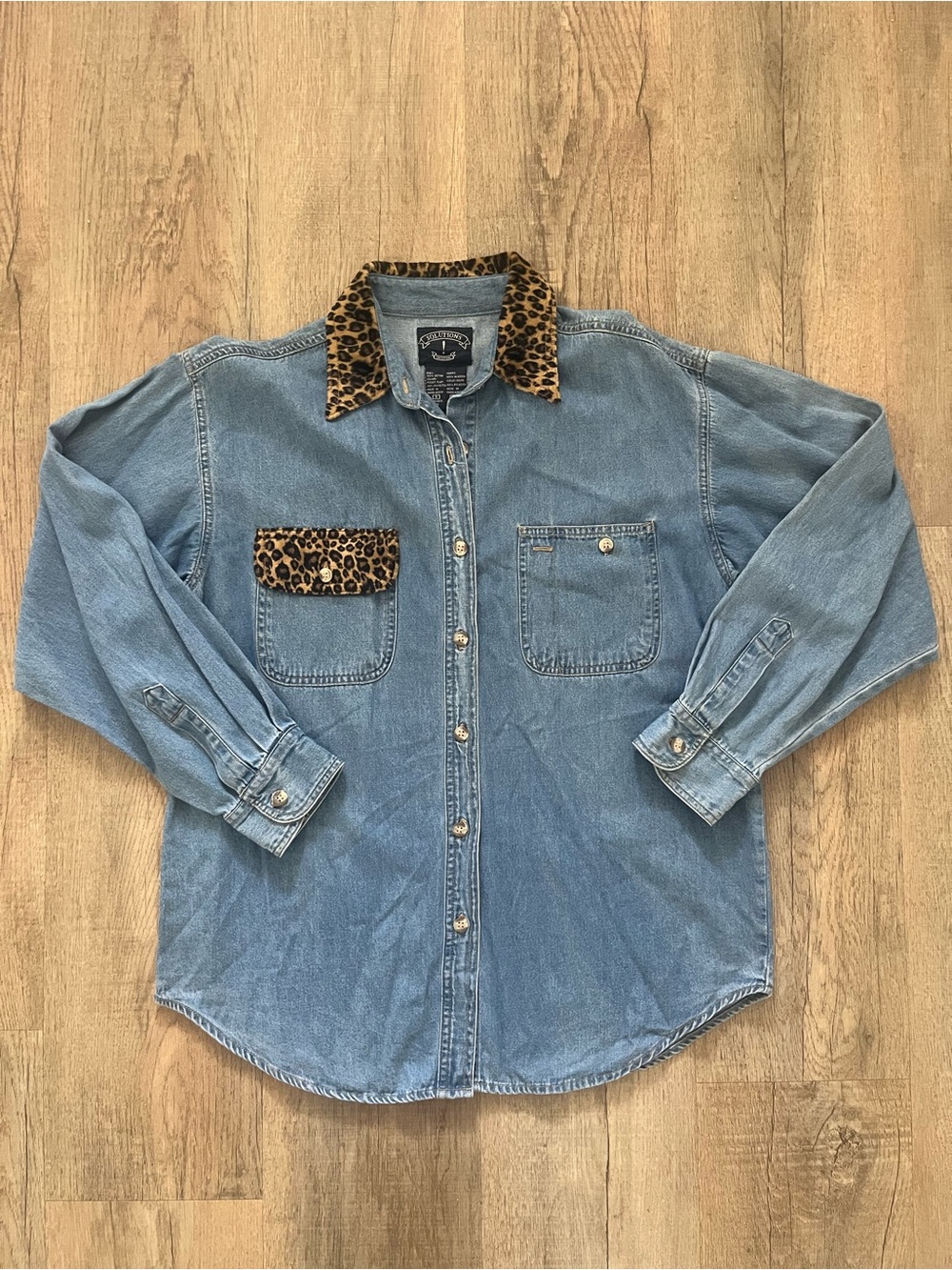 Vintage Denim Button-Up Shirt with Leopard Trim